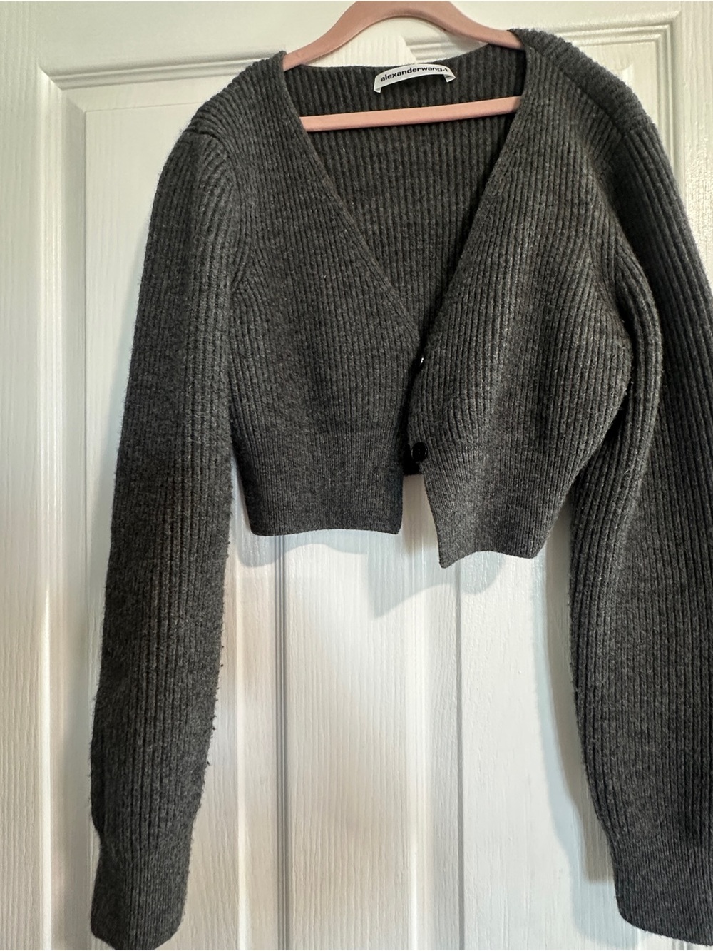 Alexander Wang Charcoal Ribbed V-Neck Cropped Cardigan